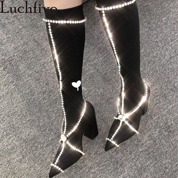 

new sock boots woman black knitted elastic chunky high heel party boots rhinestoes crystal chain decorat knee high woman