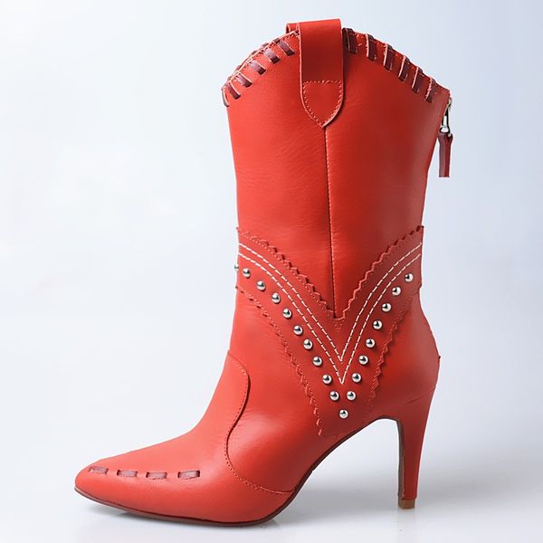 

cow 2020 autumn genuine leather pointed toe rivet mid-calf women red runway sapato feminino thin high heels half boots, Black