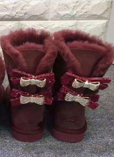 

fast shipping australia classic single double diamond snow boots female winter leather bow rhinestone crown warm thick cotton shoes, Black