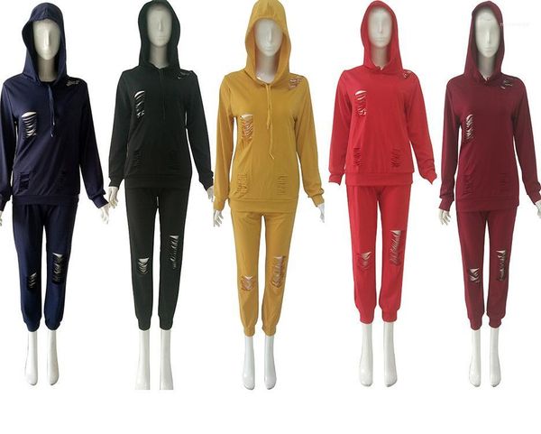 

suit 2020 womens designer tracksuits solid color hooded hoodies long pants 2 pcs set hole ladies, Gray