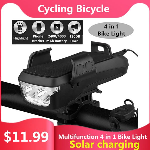 

4 in 1 bicycle light solar/usb rechargeable led bike headlight horn phone holder power bank 2400mah/4000mah mtb front light