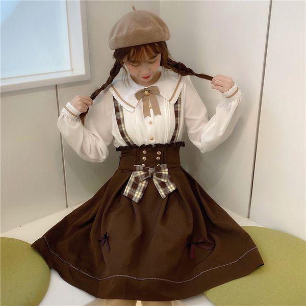

sweet women's doll collar white blouse shirt & brown suspender skirt retro casual overalls bowknot trim skirt preppy style, Gray