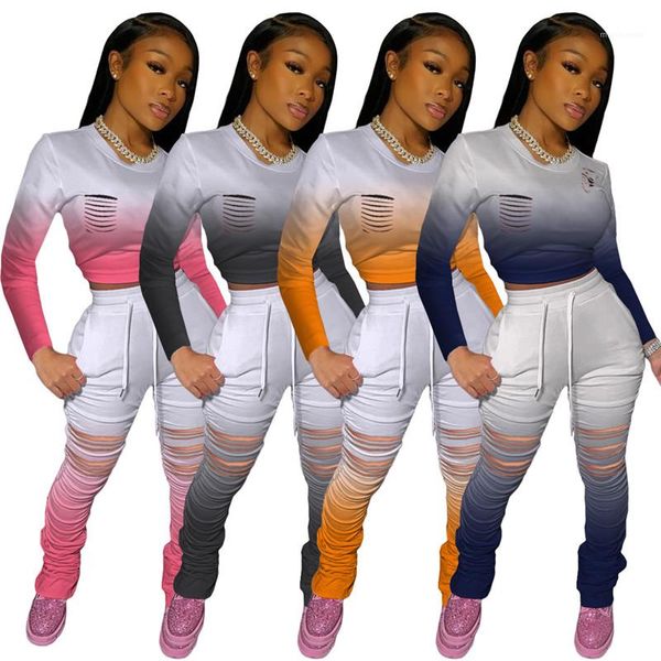 

slim suits stacked drawstring pants crew neck womens designer casual tracksuits gradient hole fashion 2ps famela, Gray