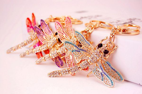 

dragonfly insect keychain rhinestone crystal keyring car key chain women diy key holder ring jewelry gifts accessory wholesale, Silver