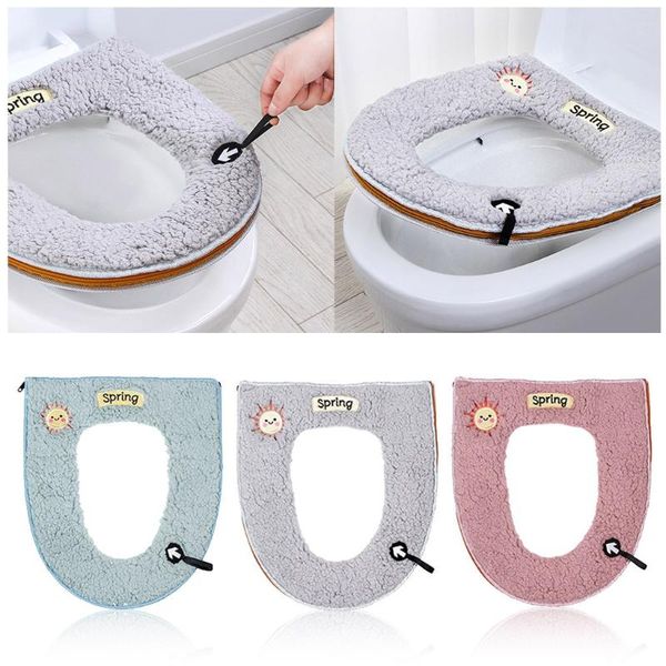 

household winter plush toilet seat pad toilet seat zipper with handle keep warm bathroom accessories #lr2