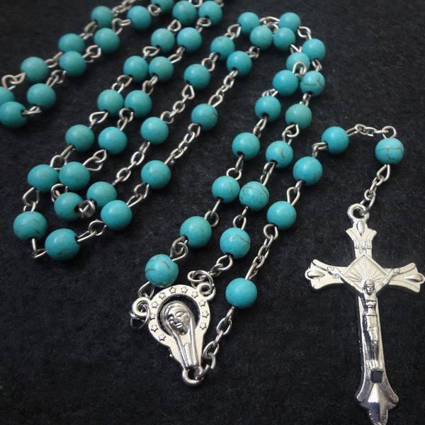 

christ catholic blue turquoise natural stone 6mm rosary handmade jesus rosary cross necklace religion christian accessories christmas gift, Silver