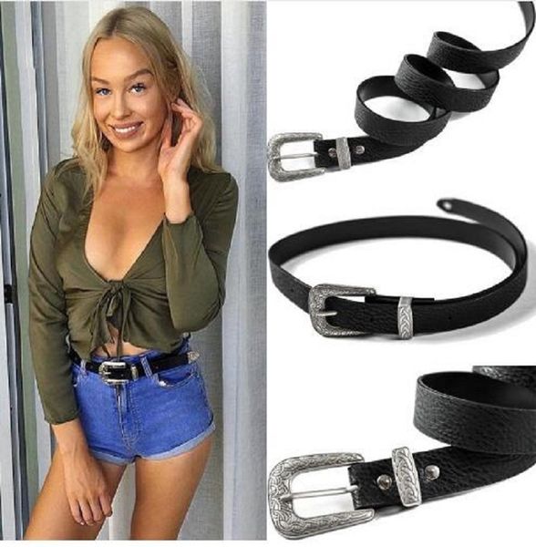 

women style grommet hole pu leather pin belt 1-prong buckle waist jeans belt, Black;brown