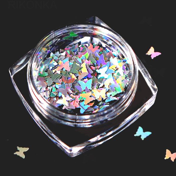 

1 box holographic nail glitter butterfly shape 3d flakes sparkly colorful sequins spangles polish manicure nails art decoration, Silver;gold