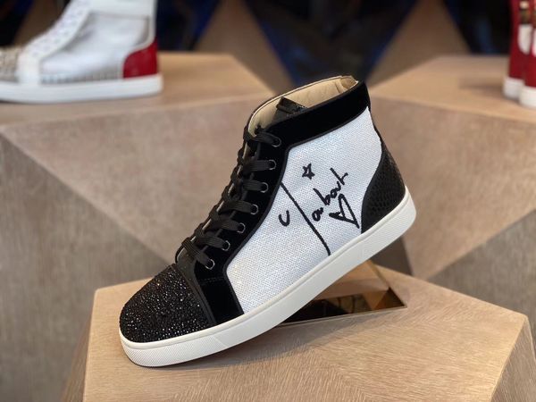 

white sequin with graffiti strass men sneakers high red bottom shoes brands skateboard walking shoes outdoor sports, Black