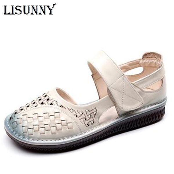 

lisunny summer hollow breathable genuine leather sandals women flat sandals comfortable mother fashion shoes women, Black