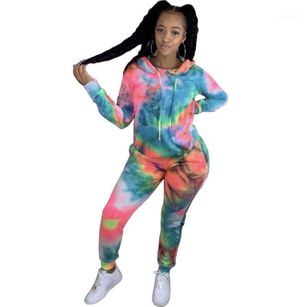 

мода tie dye костюмы повседневные с длинным рукавом с капюшоном top капри брюки женская одежда женская двухкусочный outfit, White