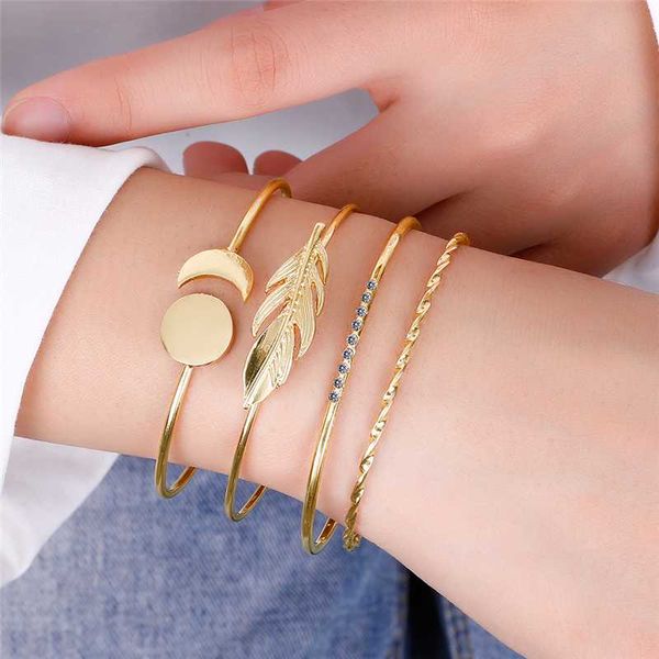 

luxury 4pcs/set bohemian gold color moon leaf crystal opal set for women punk boho party bangle jewelry gift, Black