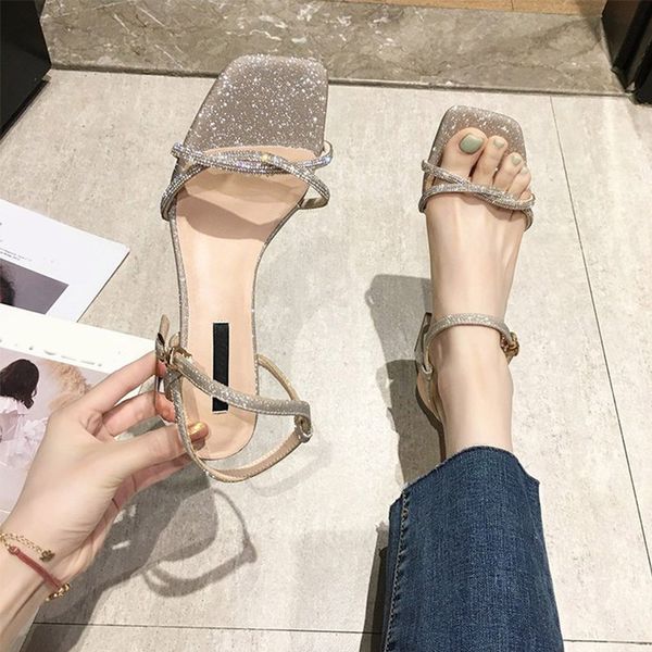 

women sandals bling square toe ankle buckle strap elegant ladies shoes fashion pu female high heels summer casual footwear 2020, Black