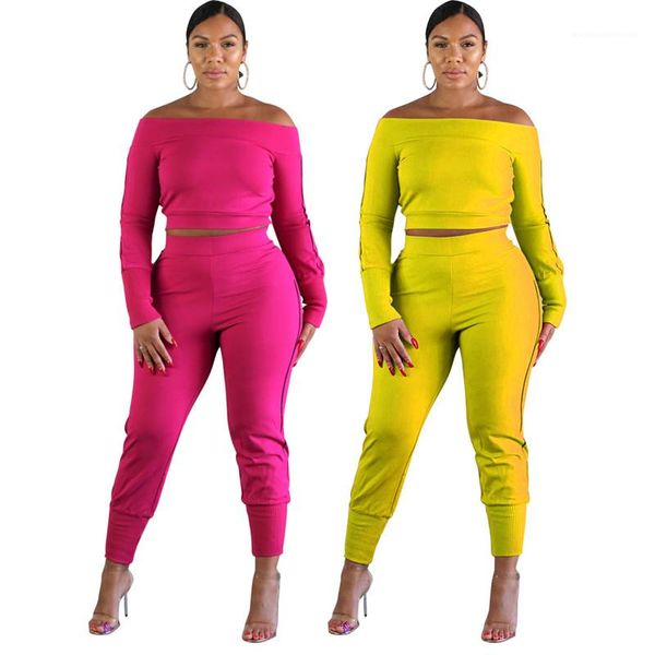 

neck two piece set solid color long sleeve trousers fashion shrink foot womens clothing women designer slash, White