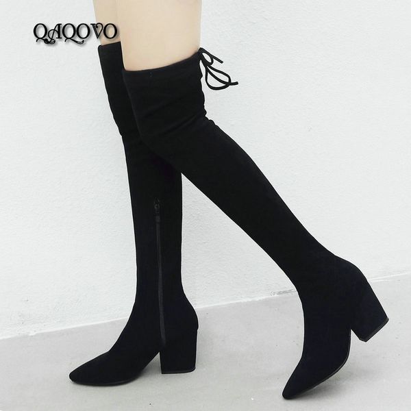 

boots fashion over the knee women cow suede hoof heels autumn winter shoes pointed toe zipper stretch big size 34-43, Black