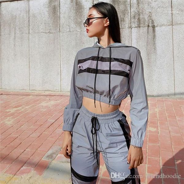 

clothing suits 3m reflective women 2pcs sets contrast color panelled causal suits lady long sleeve short pencil pants, White