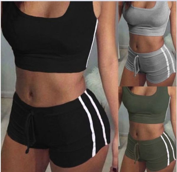 

women yoga sportwear set tracksuit fitness beach suit crop running sports set striped vest short summer cropped outfits, Gray