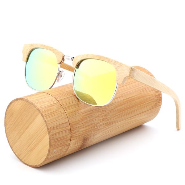 

fashion ladies anti-uv bamboo sunglasses colored lens semi-rimless women men's polarized travel sun glasses with wood box, White;black