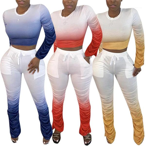 

piece pants casual new women autumn clothing women stacked pant sets fashion gradient color o neck long sleeve two, White