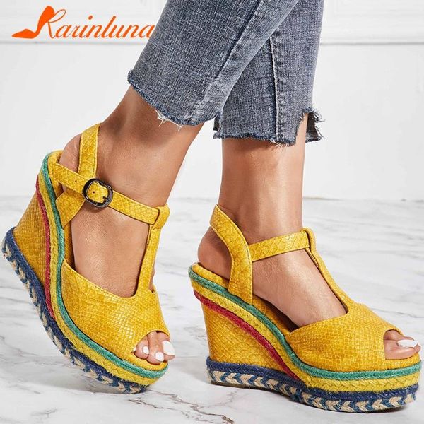 

karin 2020 dropship large size 32-43 yellow platform high heels wedges sandals summer shoes women, Black
