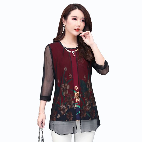 

women's t-shirt 2021 spring fall fashion middle age mother clothes fake two pieces women tee 5xl plus size mesh flower pullover, White