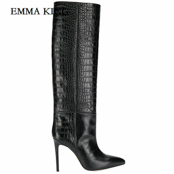 

women alligator pattern women knee high boots point toe pu leather knee high bottes 2020 autumn spring boots 43, Black