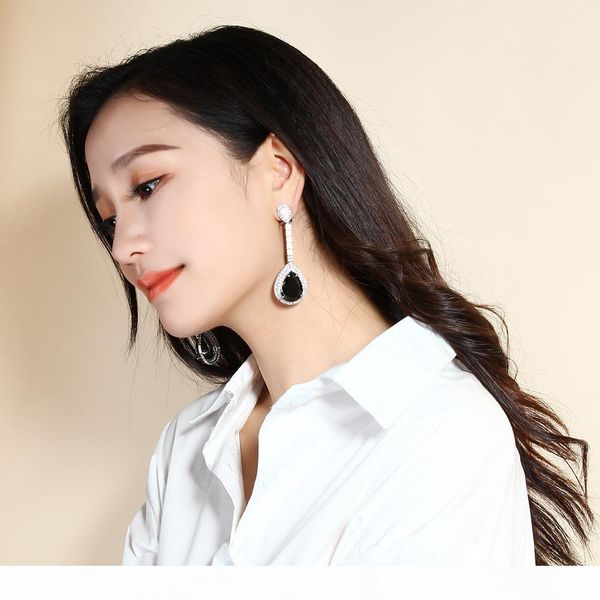 

2019 long teardrop earring setting big green clear and black water drop stones large earrings for party, Silver