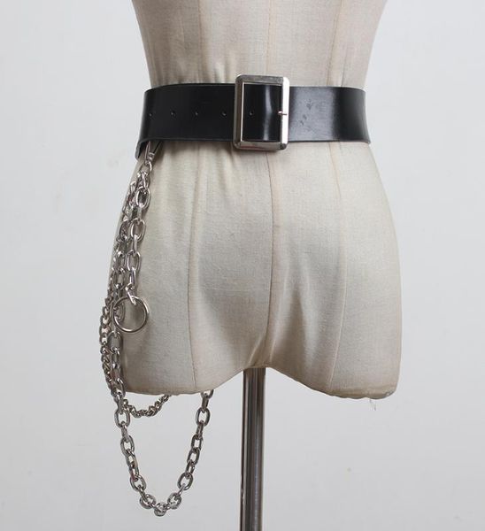 

lanmrem square metal bukle sliver color chain patchwork pu wide belt all match 2a06101, Black;brown