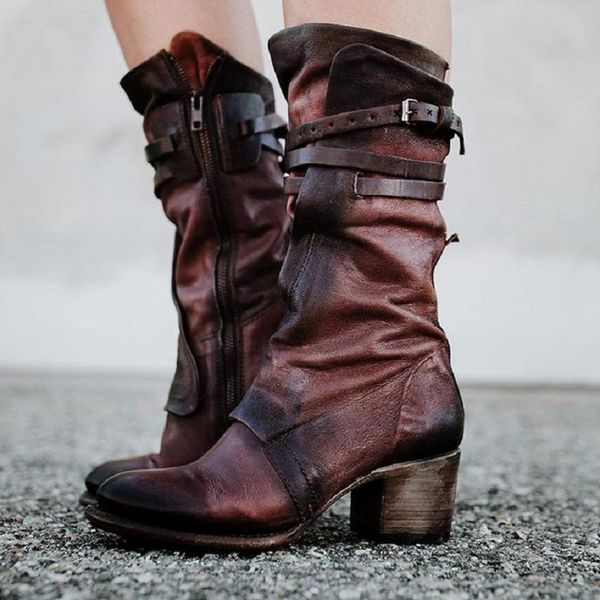 

boots vintage low heel zipper faux leather, Black