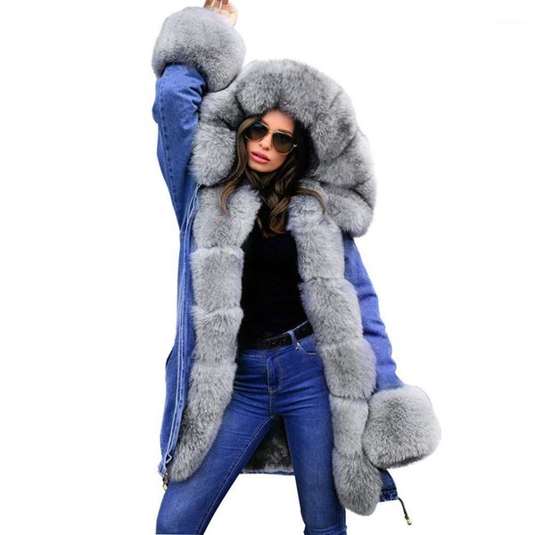 

collar thick designer coats loose winter warm hooded down coats parkas women jean fur, Black