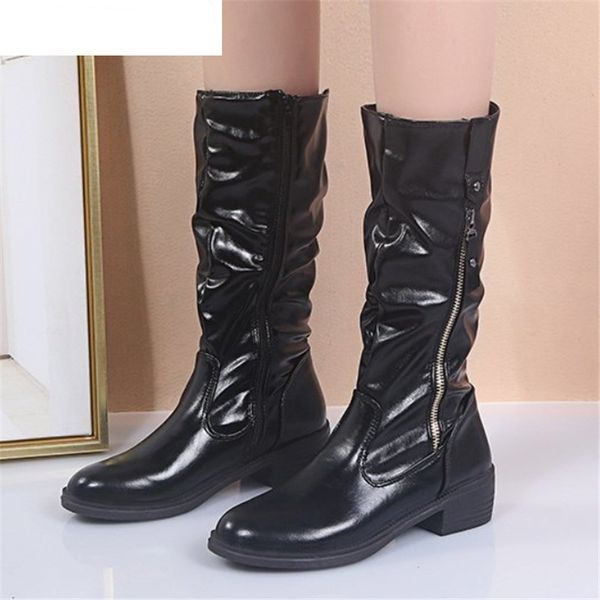 

2020 women winter mid-calf boots fashion pu leather zipper warm mid-calf boots for women shoes mid heel boots, Black