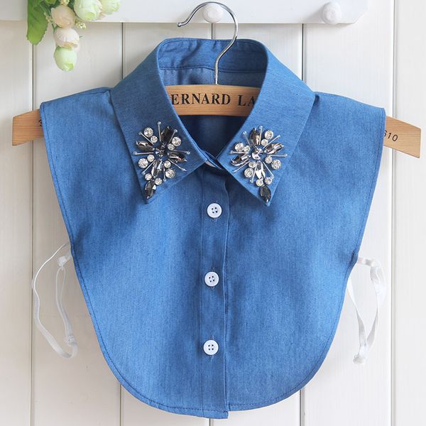 

women denim embroidery lace sweater shirt fake collar cardigan cotton chiffon rhinestone bead detachable false collar blouse top, Black;gray