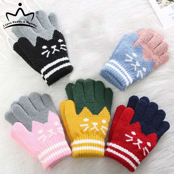 

winter warm baby gloves cute cat prints stretch mittens kids boys girl soft knitting patchwork full finger gloves, Slivery;white