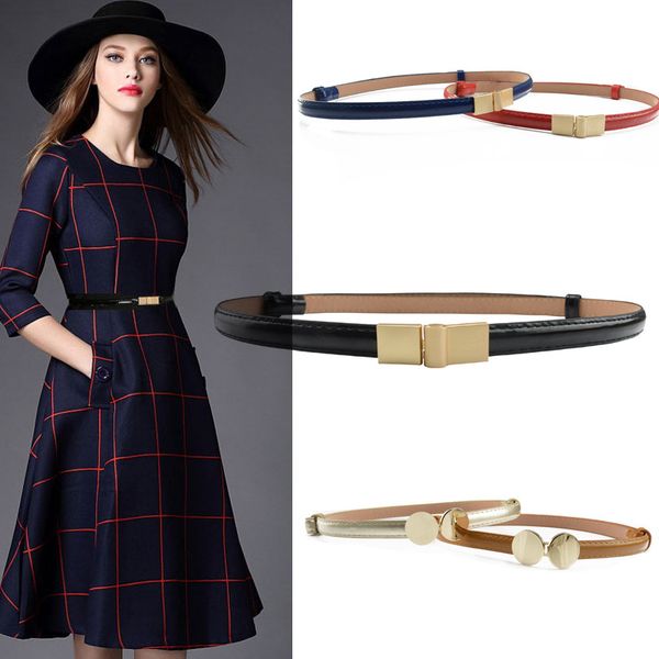 

черный красный белый тощий тонкий pu пояс для женщин кожаные waistband женский золотой пряжкой женщины эластичные ремни 90x1.4cm, Black;brown