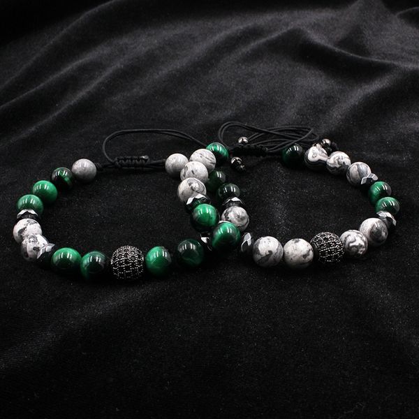 

natural gray map stone bracelet pave cz charms bracelet for men jewelry green tiger eye stone pulseras homme buddha bracelet, Black