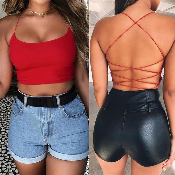 

red tank women hollow open back femme fashion women summer solid hollow out overlap cross sling backless crop tank top, White
