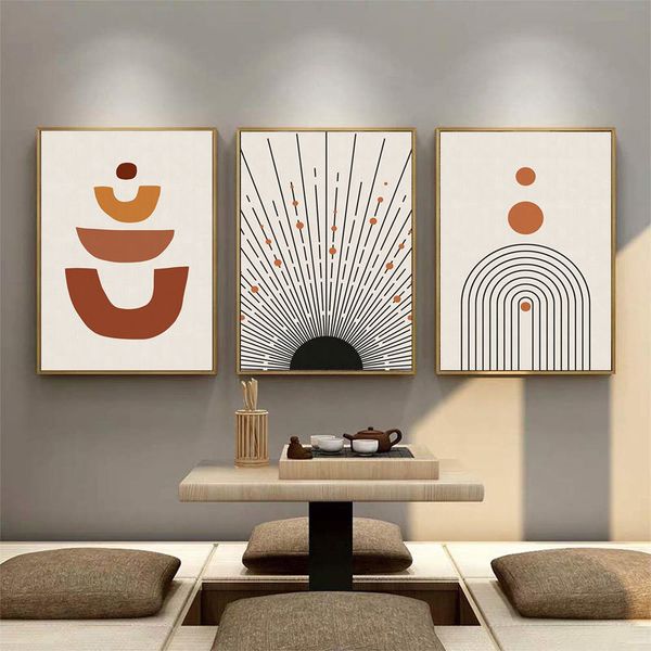 

sun illustration mid century abstract canvas painting black and white stripes geometric art poster print home decor