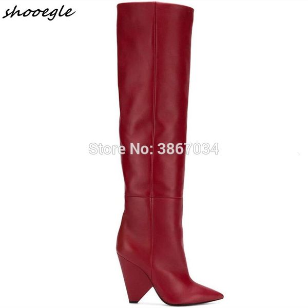 

shooegle brand runway women knee high boots geometric chunky spike heels slip-on motorcycle booties pointe wedges botas mujer, Black