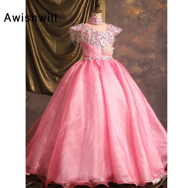 

new pink pageant dress kids prom party dress with sleeves high neck beadings organza long flower girl communion, Red;yellow