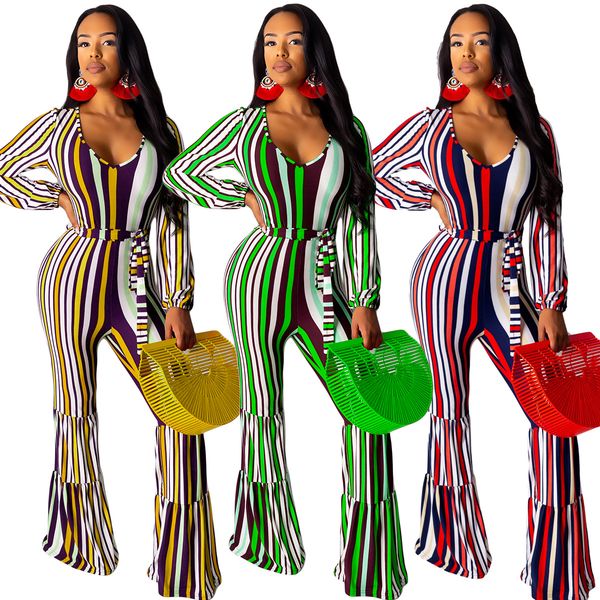 

yy5069 european and american fashion striped printing long-sleeved trousers jumpsuit 2020, Black;white