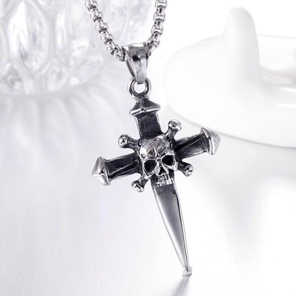 

new vintage stainless steel pendant necklace punk cross skull pendant fashion men hip hop jewelry trend anniversary boy gift, Silver
