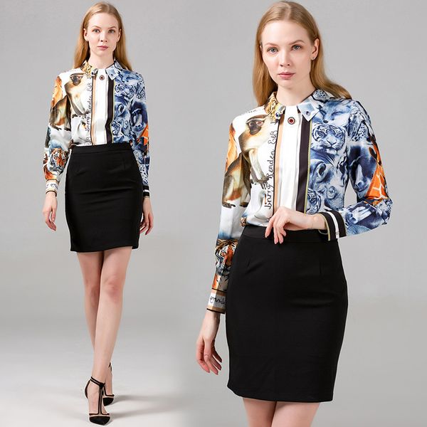 

women's blouses & shirts spring summer fall runway vintage animals print beading collar long sleeve womens party casual blouse, White