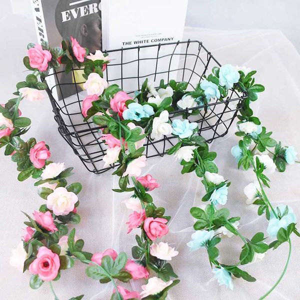 

2.4m silk artificial rose vine garland ivy vine hanging garland wedding chair arch decor flower rattan home garden decorative