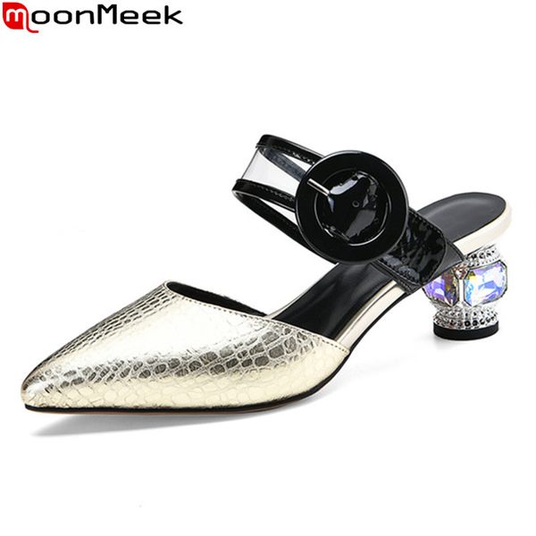 

moonmeek women slippers 2020 big size 33-43 fashion high heels shoes genuine leather pointed toe buckle ladies party shoes, Black
