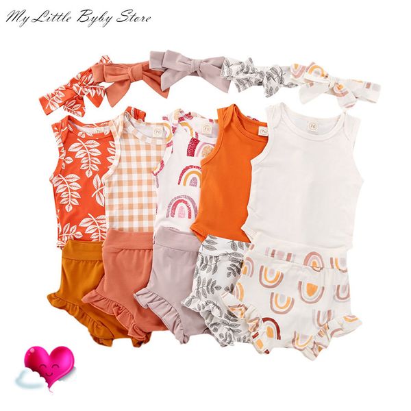 

clothing sets summer baby infant girl boy clothes sleeveless ruffled romper high waist shorts headband outfits, White