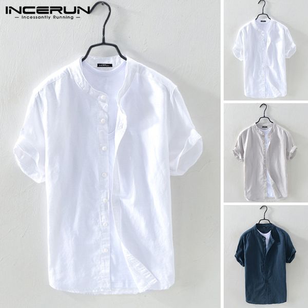 

incerun 2020 breathable men shirt plain cotton harajuku stand collar short sleeve blouse casual vintage men brand shirts camisa, White;black
