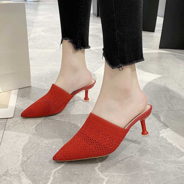 

knit mesh breathable high heels mules slippers women 2020 summer shoes women pointed toe thin heels fashion party ladies shoes, Black