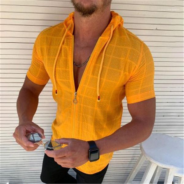 

zipper lapel neck pure color short sleeve sweatshirts mens plaid print fashion mens designer hooded hoodies, Black