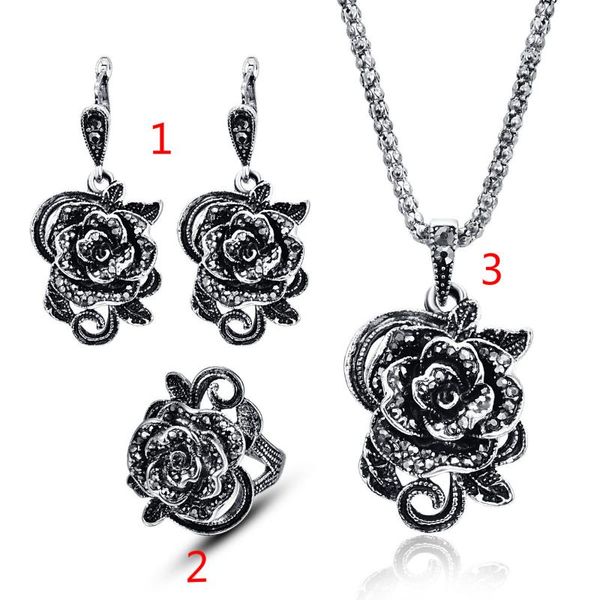 

l04 fashion vintage flowers rose necklace earrings ring three-piece retro, Silver