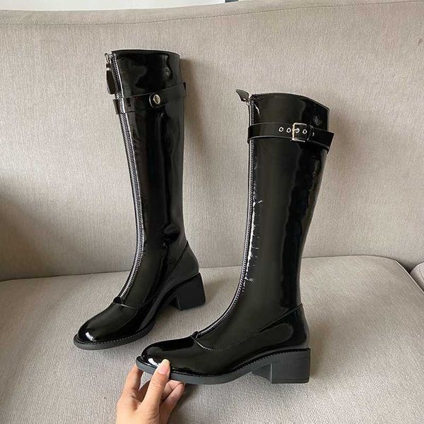 

qzyerai 2020 new winter genuine leather knee boots women boots motorcycle female front zipper warm women shoes, Black